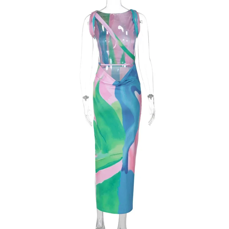 Tie Dye Print Summer Sexy Backless Party Club Birthday Maxi Split Dress Women Y2K Streetwear Sleeveless Bodycon Beach Sundress