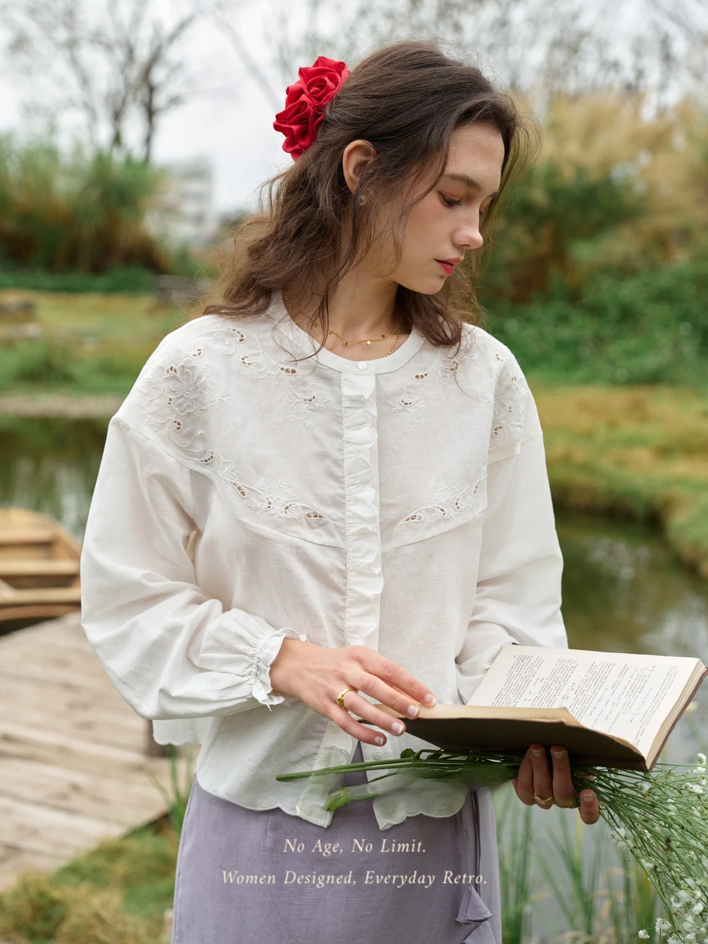 

White Embroidered Linen Cotton Hollow out Long Sleeve Shirt Women Lazy Style round Neck Open Cardigan Breathable Comfortable