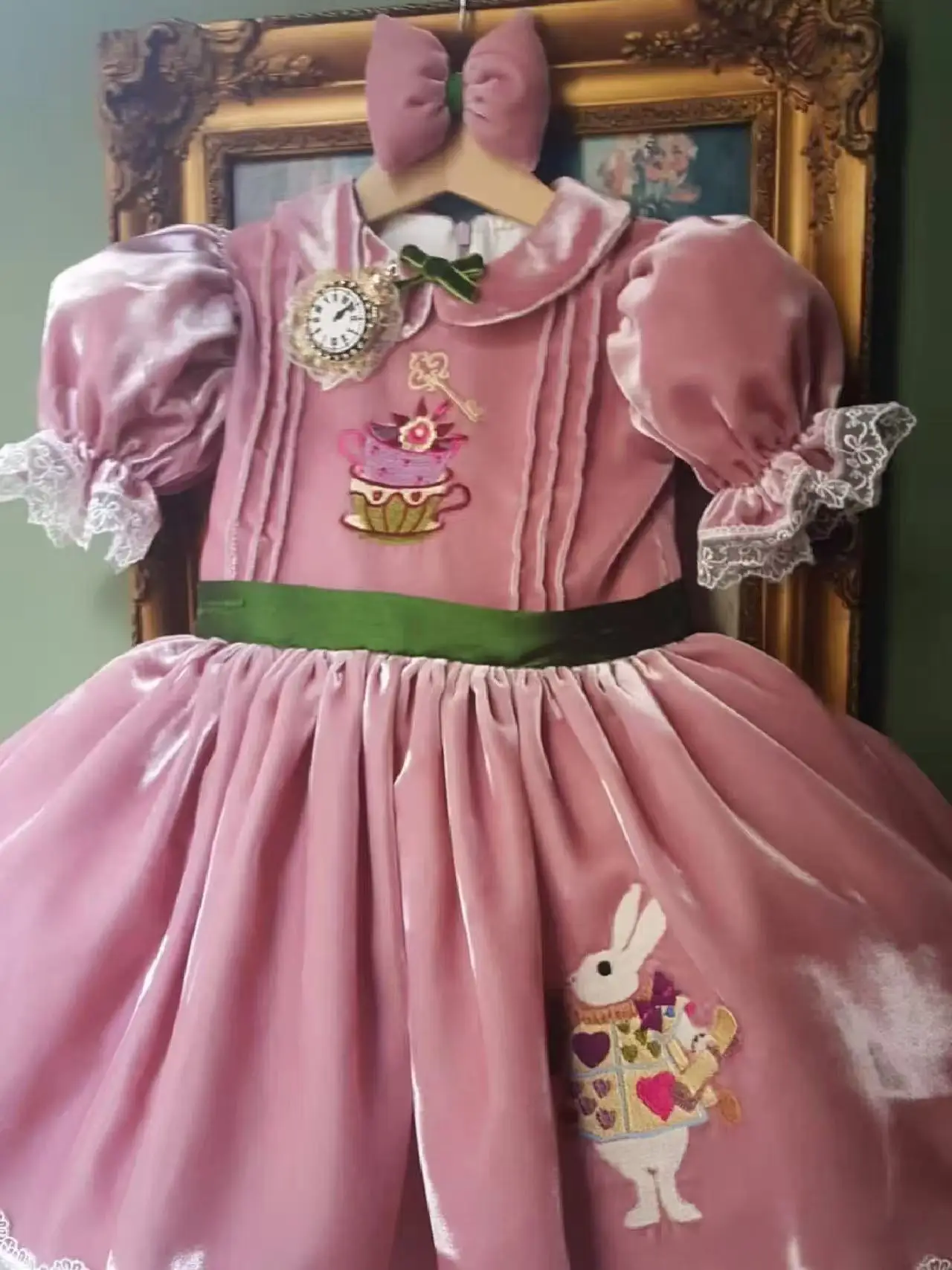 0-12Y Baby Girl Autumn Alice Rabbit Embroidery Pink Velvet Dress for Birthday Holiday Photography Casual C299