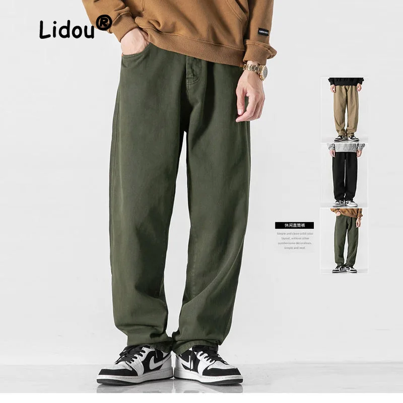 

Vintage Solid Color Multiple Pockets Loose Men's Cargo Pants Elastic Waist Straight Cylinder Casual Handsome Male Trousers