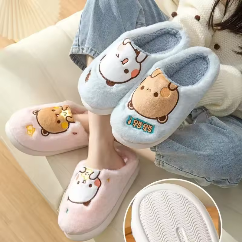 Bubu Dudu-Zapatilla de felpa de oso para mujer, zapatos de ocio de algodón con parte inferior gruesa, antideslizantes, con dibujos animados de Anime, para invierno y hogar, regalo
