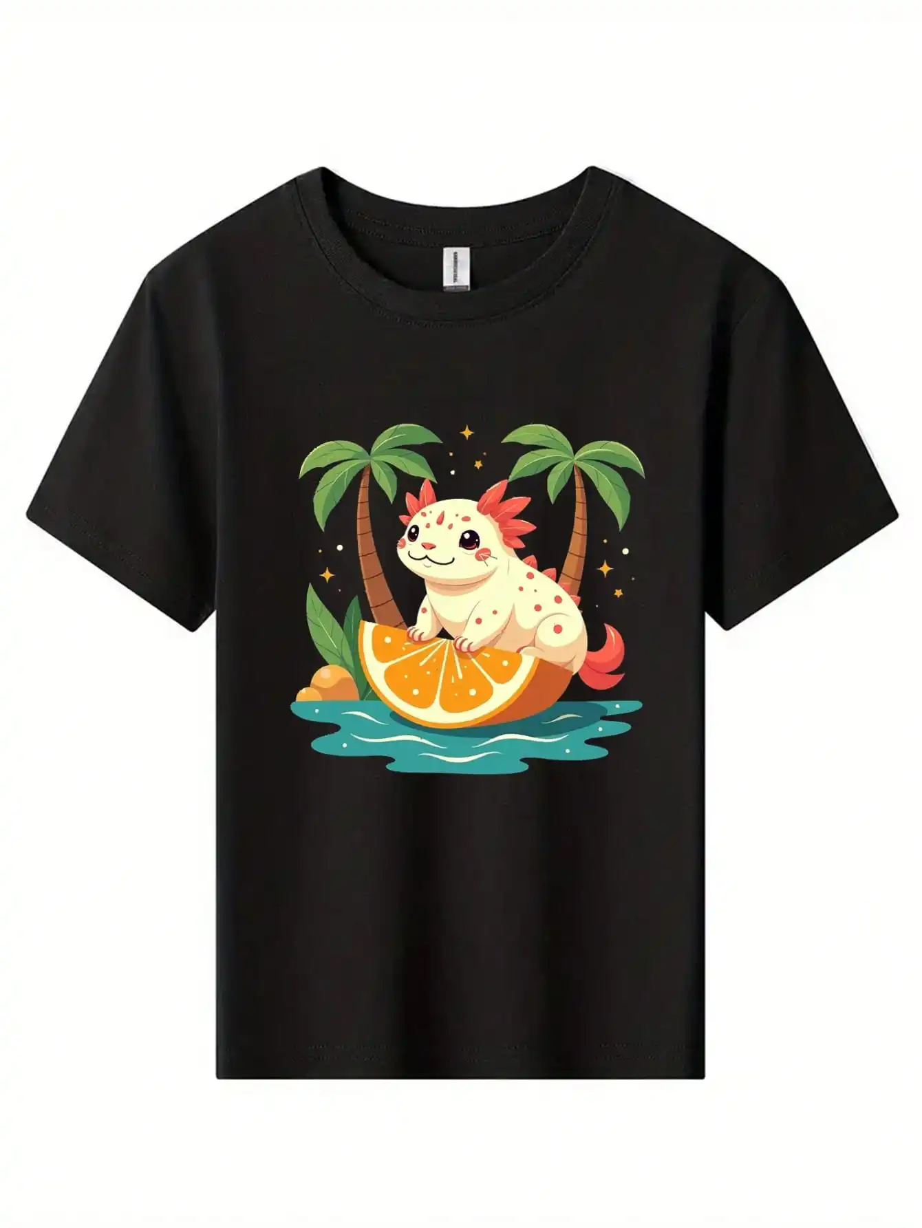 

Cute Tropical Adventure Cotton T-Shirt, Black Tee With Axolotl On Orange Slice And Palm Trees, Tropical Summer Tops