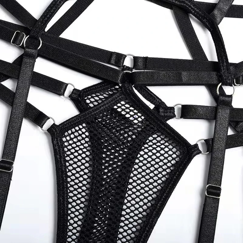 CINOON Sexy Bondage Harness Lingerie For Women Mesh Solid Color Breathable Underwear Set Push Up Intimates Exotic Underwear