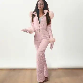 Waterproof Ski Jumpsuit Ski Outfit Winter Women's Snowsuit With Gloves Hooded Outdoor Sports Jumpsuit Warm Women's Ski Suit