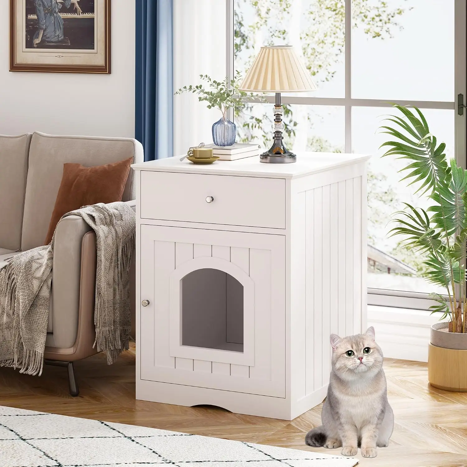 Hidden Cat Litter Box Enclosure Wooden Pet Crate Litter Box Furniture Cat House End Table Drawer Fit Most White