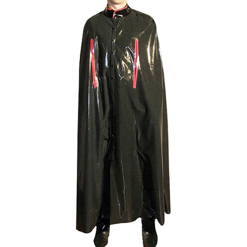 Black And Red Long Minister Sexy Latex Robe Sleeveless With Open Sleeves Holes Ankle Length Rubber Coats Jacket YF-0406