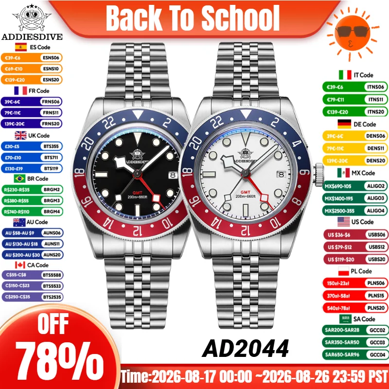 ADDIESDIVE Uhr für Herren BGW9 Super Luminous Bubble Mirror Glass GMT Uhr 20Bar Diver Reloj Quarzuhren Relogios Masculino