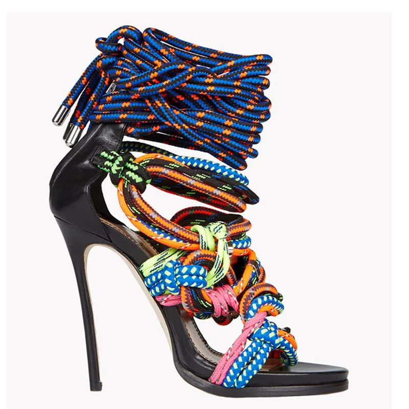 Summer Colorful Rope Straps Knot Sandals Mixed Colors Lace-Up Women High Heels Cutout Style Ladies Gladiator Party Stiletto