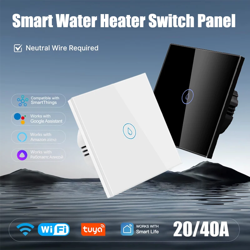 

20/40A Tuya WiFi Smart Water Heater Switch Touch Wall Panel APP Remote Timing Control Voice Compatible with Alexa Google Home