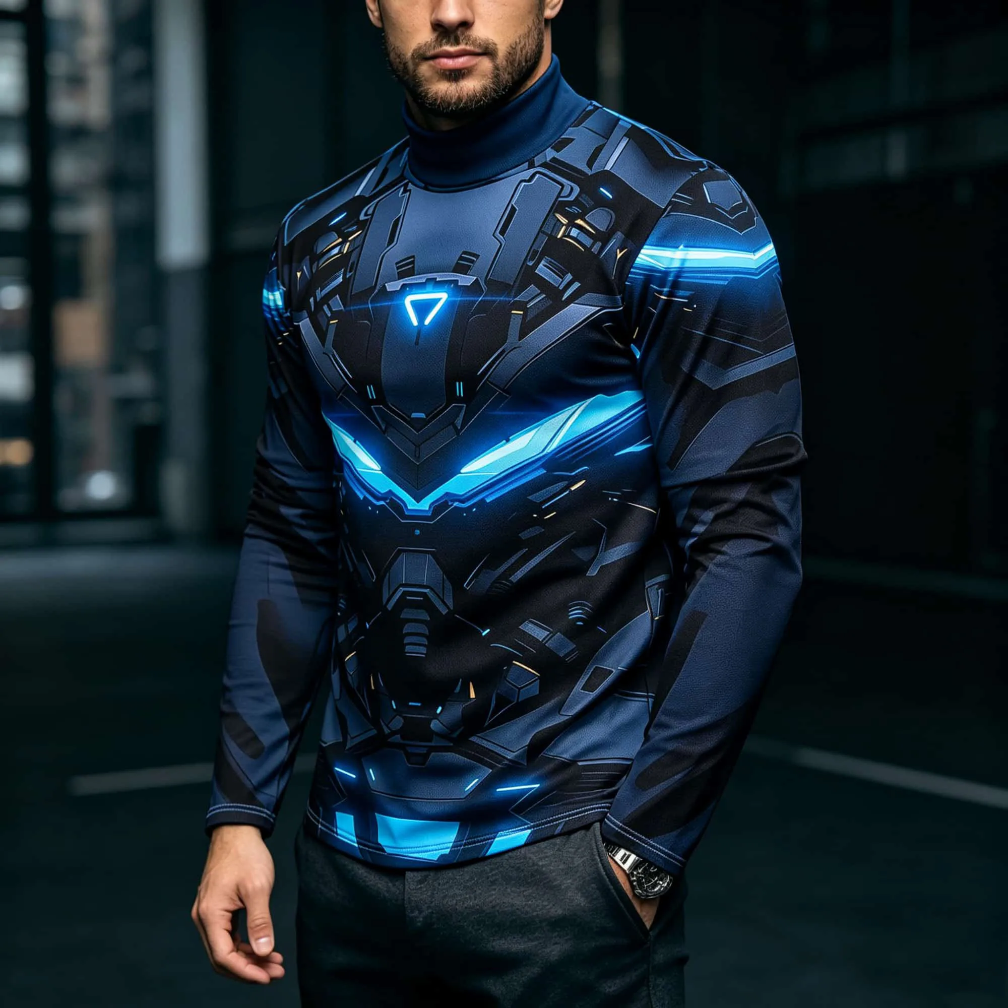 Men Futuristic 3D Robot Print Mock Neck Long Sleeve Tee, Cyber Tech‑Style Stretch Fitness Training Base Layer Shirt