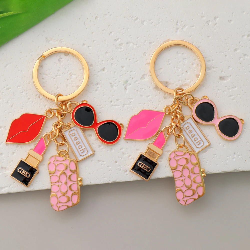 Fashion Women Makeup Keychain Enamel Lipstick Glasses Pendant Keyrings for Women Men Car Key Handbag Hanging Key Chains Gifts