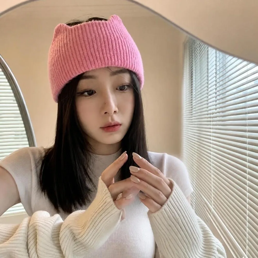 Cute Wide-brimmed Cat Ears Headband Face Wash Solid Color Knitted Headband Ear Protection Head Wrap Female
