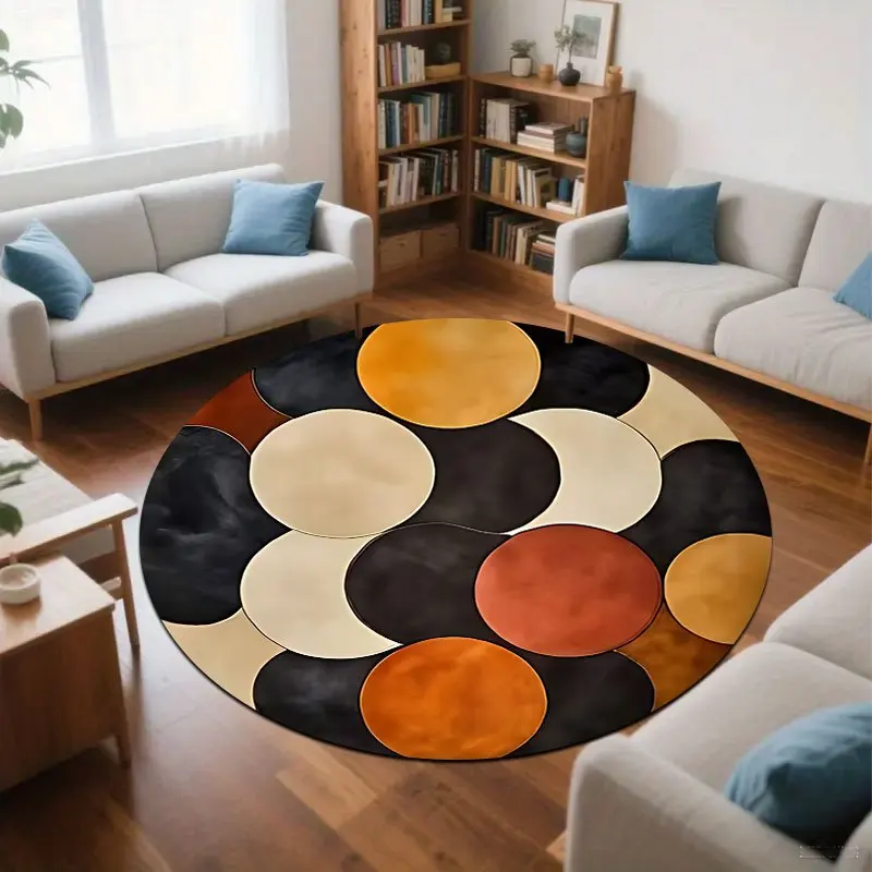 Retro color-blocking design Flannel-printed round floor mats are slip-resistant Suitable for living room terrace garden carpets