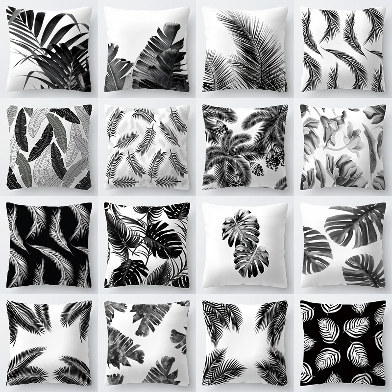 Ink cushion cover 45x45 black and white leaf print decoration sofa   polyester pillowcase