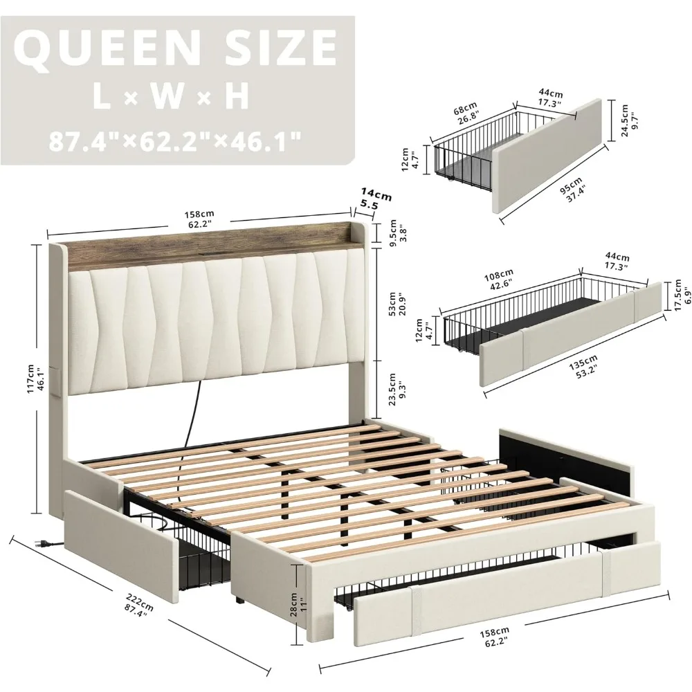 Cadre de lit Queen avec 3 portes de proximité, lit à plateforme texturée avec planche de sauna de rangement, pas besoin de ressort mécanique, beige, cadres de lit