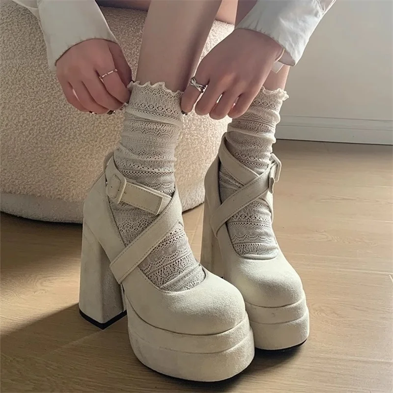 Luxury Suede High Heels Women Designer Platform Mary Jane Shoes Fashion Cross Strap Ladies Elegant Vintage Shallow Pumps Shoes