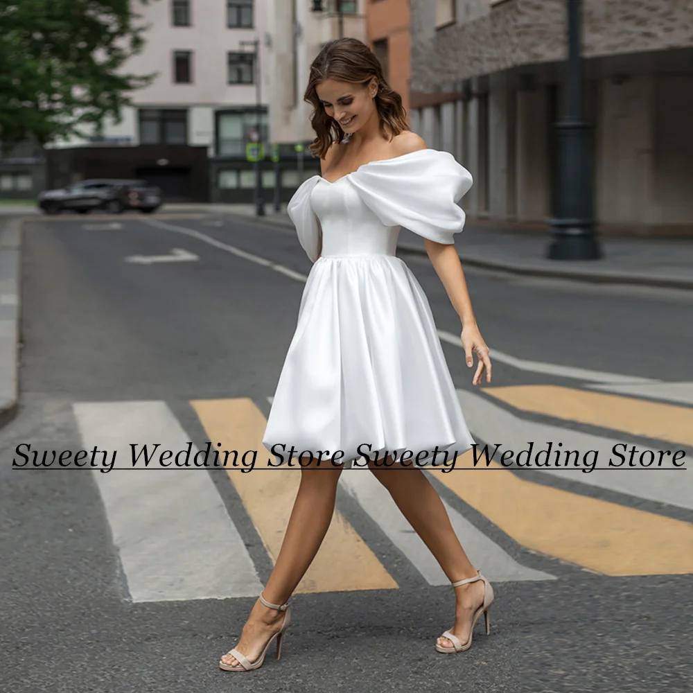 Sexy Short Wedding Dress V Neck Off The Shoulder White Satin Bridal Gown Knee Length Back Corset Simple Abiti Da Sposa