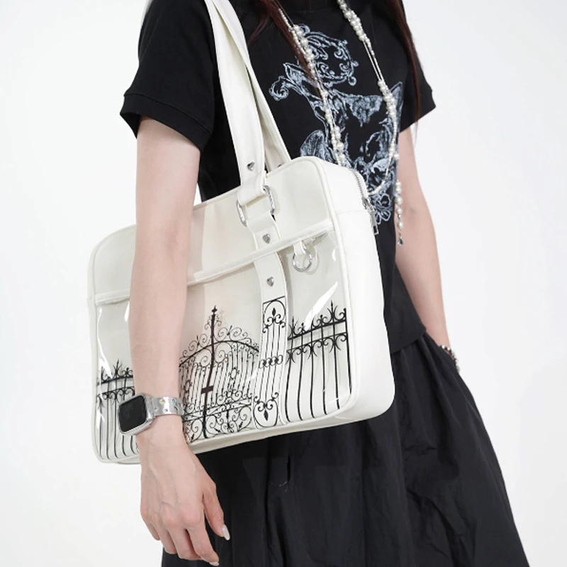 Gothic Ita Bag mit transparentem PVC-Fenster, Damen-Umhängetasche mit Eisentor-Design-Print, Vintage-Handtasche, schwarze Tragetasche – Detail 10