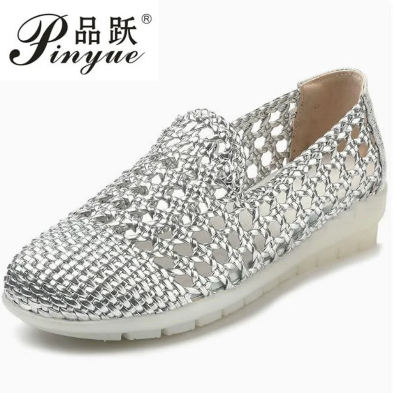 3cm Summer Hollow Woven Breathable Shoes Women Sandals Big Size Round Toe Genuine Leather Shoes Summer Flat Casual Sandals 35-43