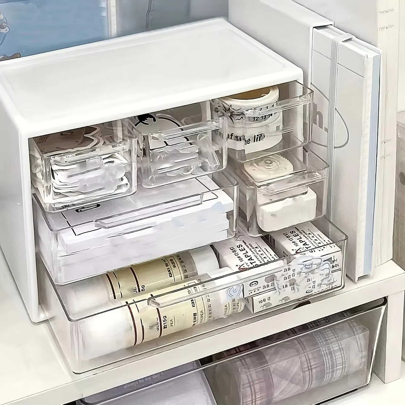 1pc Large Capacity Multi-Functional Plastic Desktop Organizer with Drawer for Office Supplies, Stationery, Dorm Storage