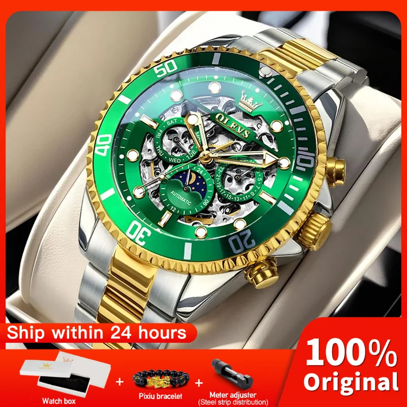 

OLEVS 6715 Mens Watch Luxury Multifunctional Mechanical Watch Stainless Steel Moon Phase Sports Watch For Men Original Reloj