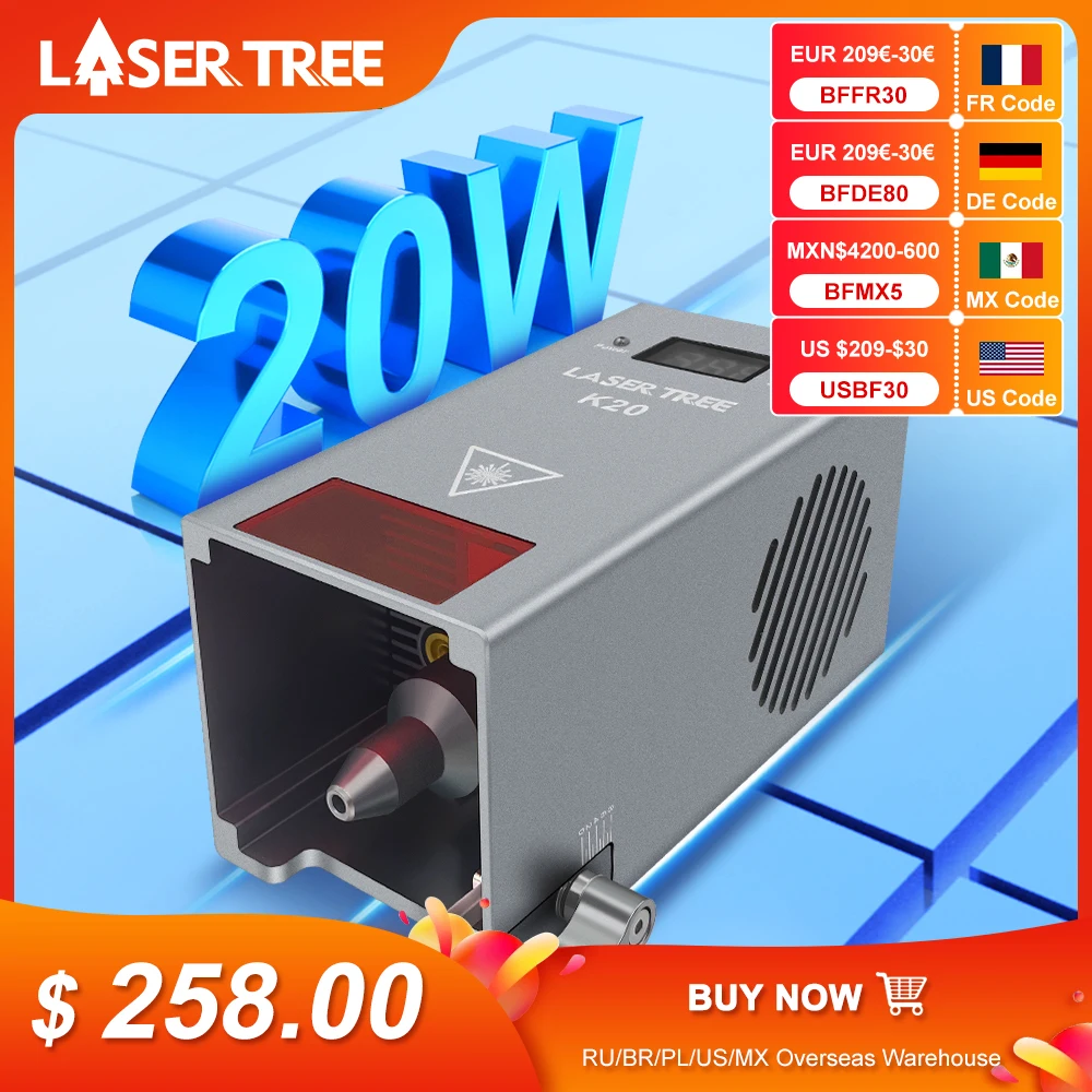 LASER TREE High Power 20W Optical Power Laser Head with Air Assist TTL Blue Light Module for Laser DIY Cutting Engraving Tool