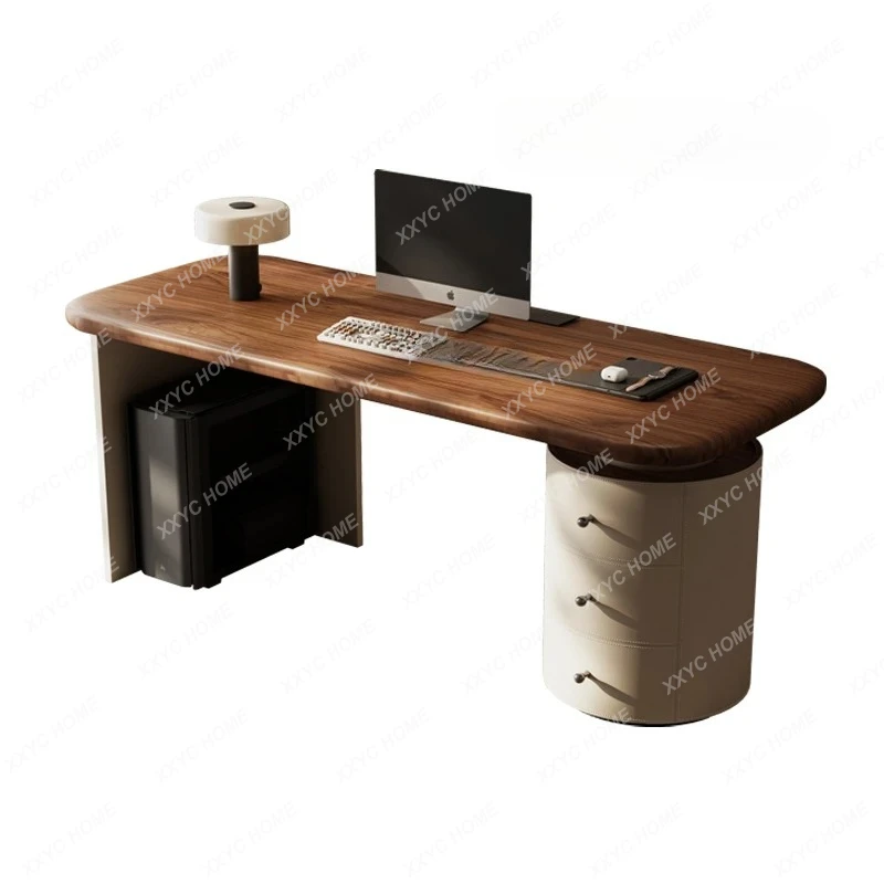 

Walnut color Italian minimalist solid wood desk study saddle leather desk home computer desk