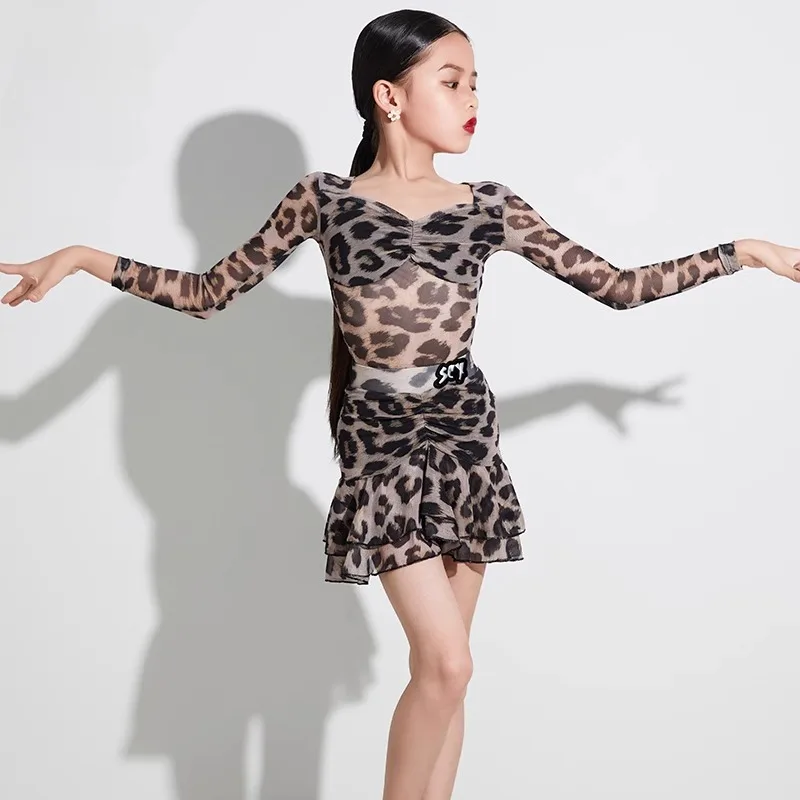 

Customized Kids Latin Dance Clothes Girls Practice Wear Leopard Dress Performance Clothing Sets Cha Cha Rumba Dance Costume Suit