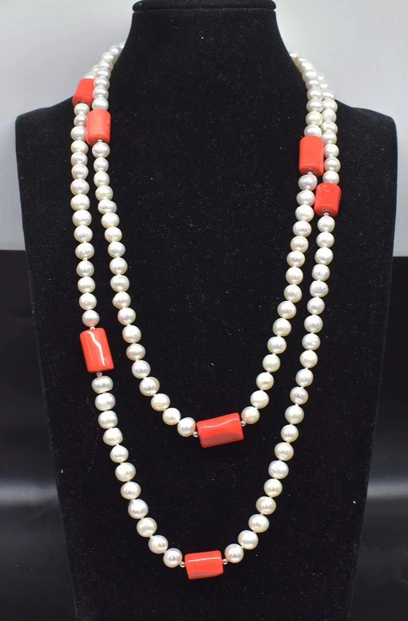 

freshwater pearl white near round 8-9mm and orange coral pillar necklace 50inch wholesale beads nature FPPJ woman 2017