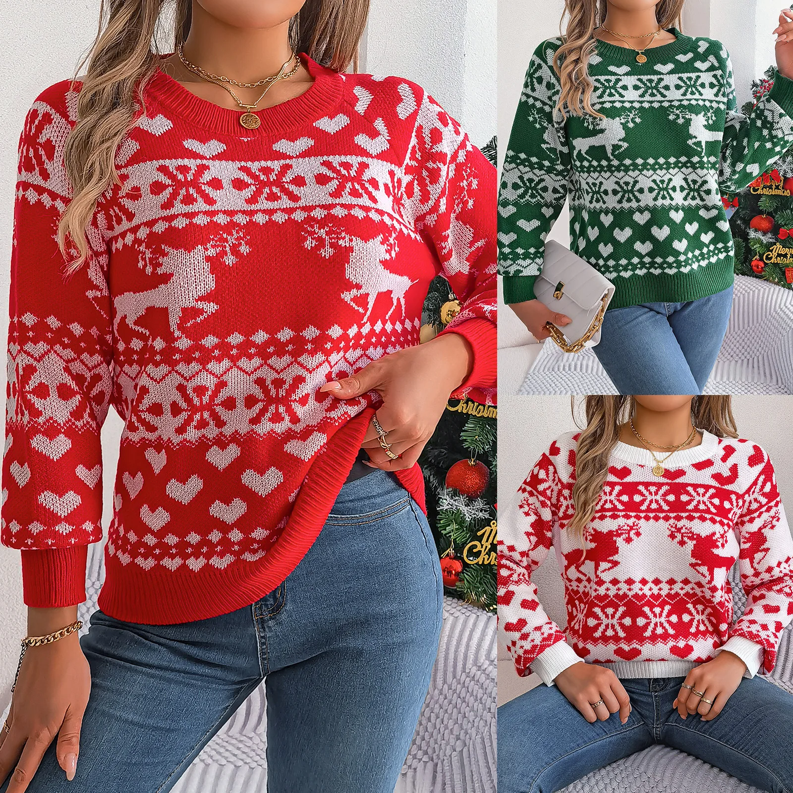 Autumn/Winter Christmas Deer Pattern Long Sleeve Hoodie Sweater 2025 New Year Knitted Red Green Round Neck Pullover Jumpers Tops