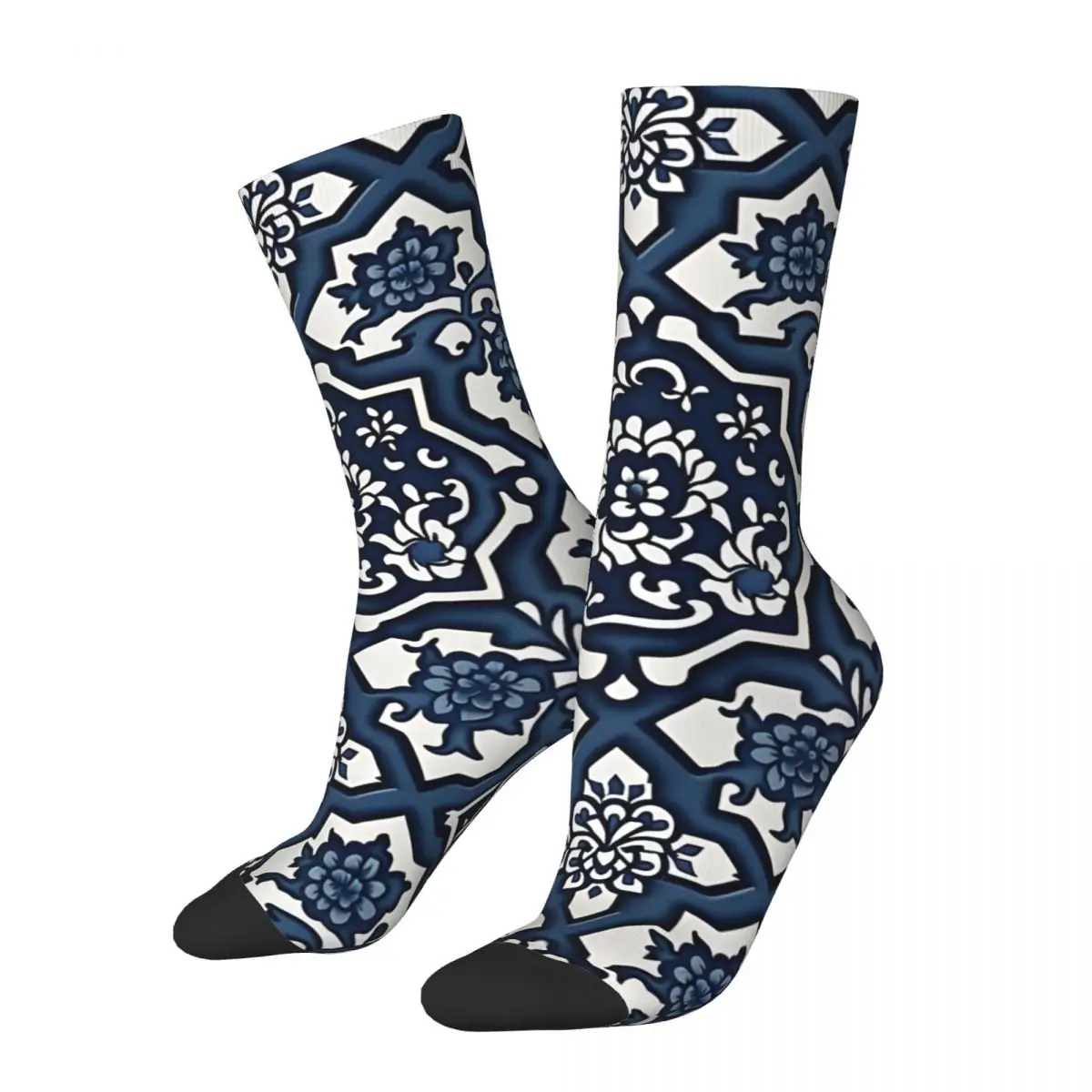 Calcetines de compresión con estampado Harajuku para hombre y mujer, calcetín Unisex con diseño Retro de China, color azul y blanco