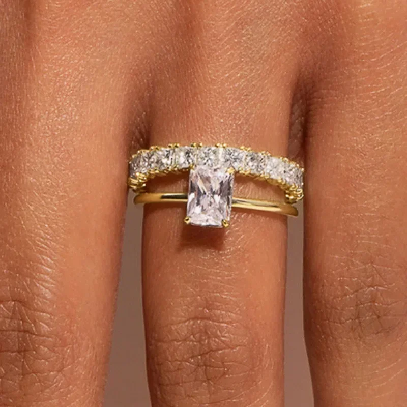 2025 New High end Set Zircon Square Diamond Pair Ring for Women's Fashion Geometry Trend Explosive Engagement Jewelry Matching