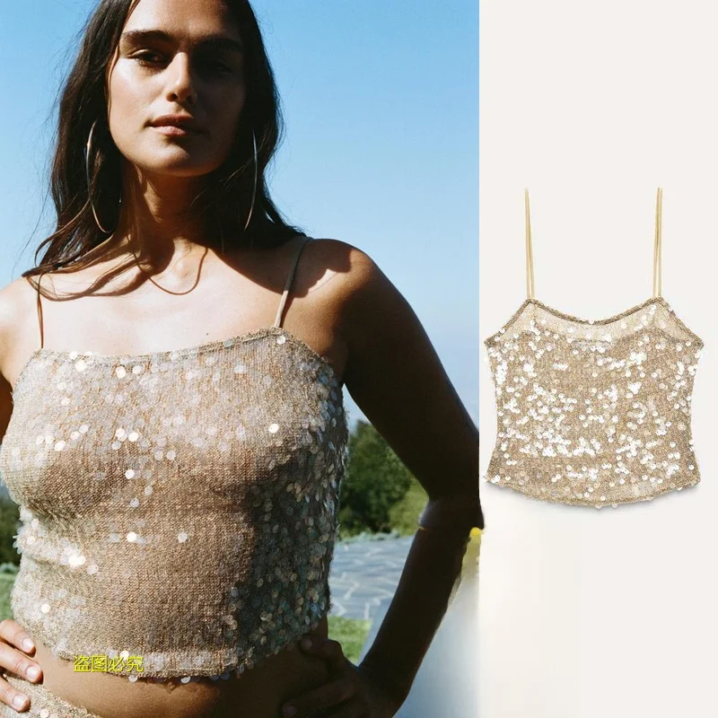 

Beads Sequin Crop Top Women's Club Par Bright Sparkle Vest 2025 Winter Faion Bal Polyester Fiber Ladies Vest