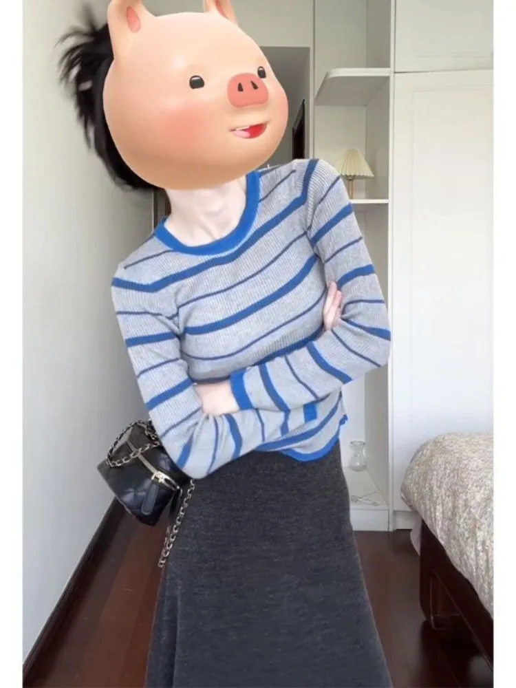 

Женская трикотажная базовая кофта с круглым вырезом и длинным рукавом, осенне-зимняя, в корейском стиле, в полоску, с цветовыми блоками, для ношения под одеждой