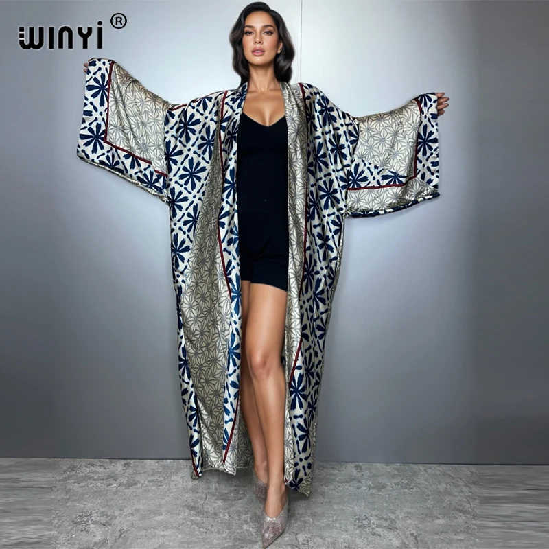 WINYI كيمونو المرأة الأفريقية الصيف عباية امرأة مسلمة سترة الإناث بلوزة فضفاضة حفلة قفطان عادية الشاطئ التستر فستان بوهو
