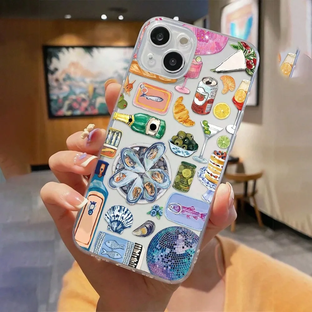 

A Transparent TPU Anti-Fingerprint Phone Case With A Cocktail Oyster Collage Pattern, Compatible With Models Such As 13, 11, 14 Pro Max, 13 Pro, 15/15 Plus/15 Pro/15 Pro Max/12/12 Pro/12 Pro Max/14/14 Pro/13 Pro Max. ,Suitable For 17 Air