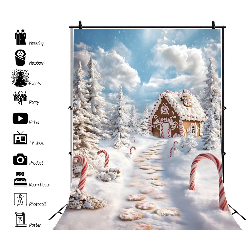 خلفية التصوير الفوتوغرافي لمنزل الزنجبيل في عيد الميلاد ، منزل الحلوى الثلجية في فصل الشتاء ، صورة للأطفال ، خلفية حفلة عيد ميلاد ، مستلزمات الصور