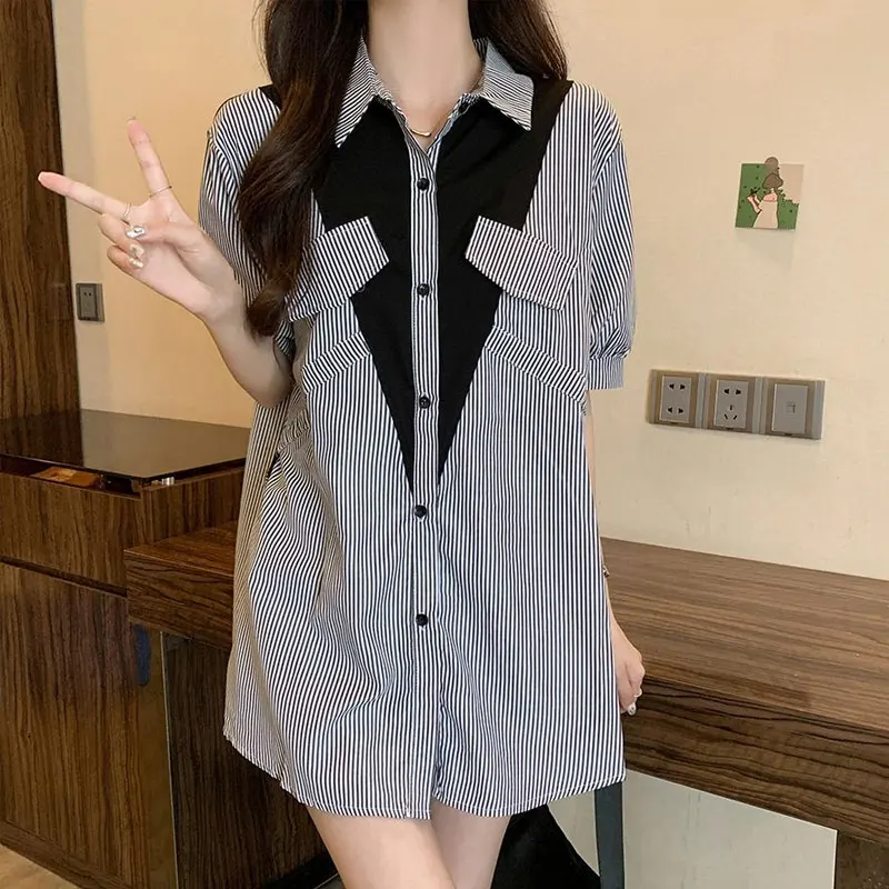 

Korean All-match Midi Shirt Office Lady Patchwork Striped Loose Blouse Female Clothing Stylish Shirring Single-breasted Summer