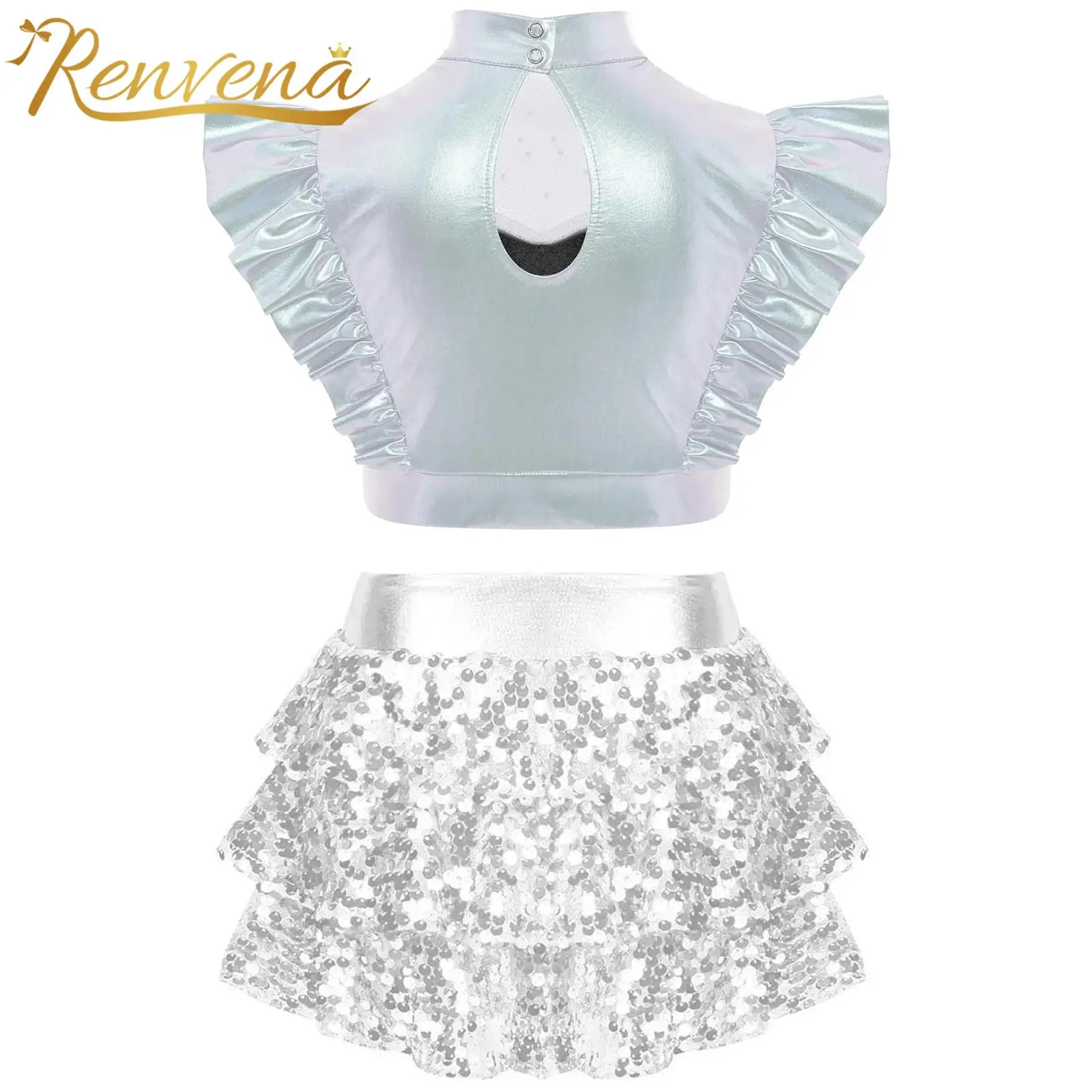 Girls Ballet Dance Jazz 2pcs Children's Metallic Shiny Sequins Ruffled Culottes Skirts Suits Kids Hip-hop Dance Outfit Costumes