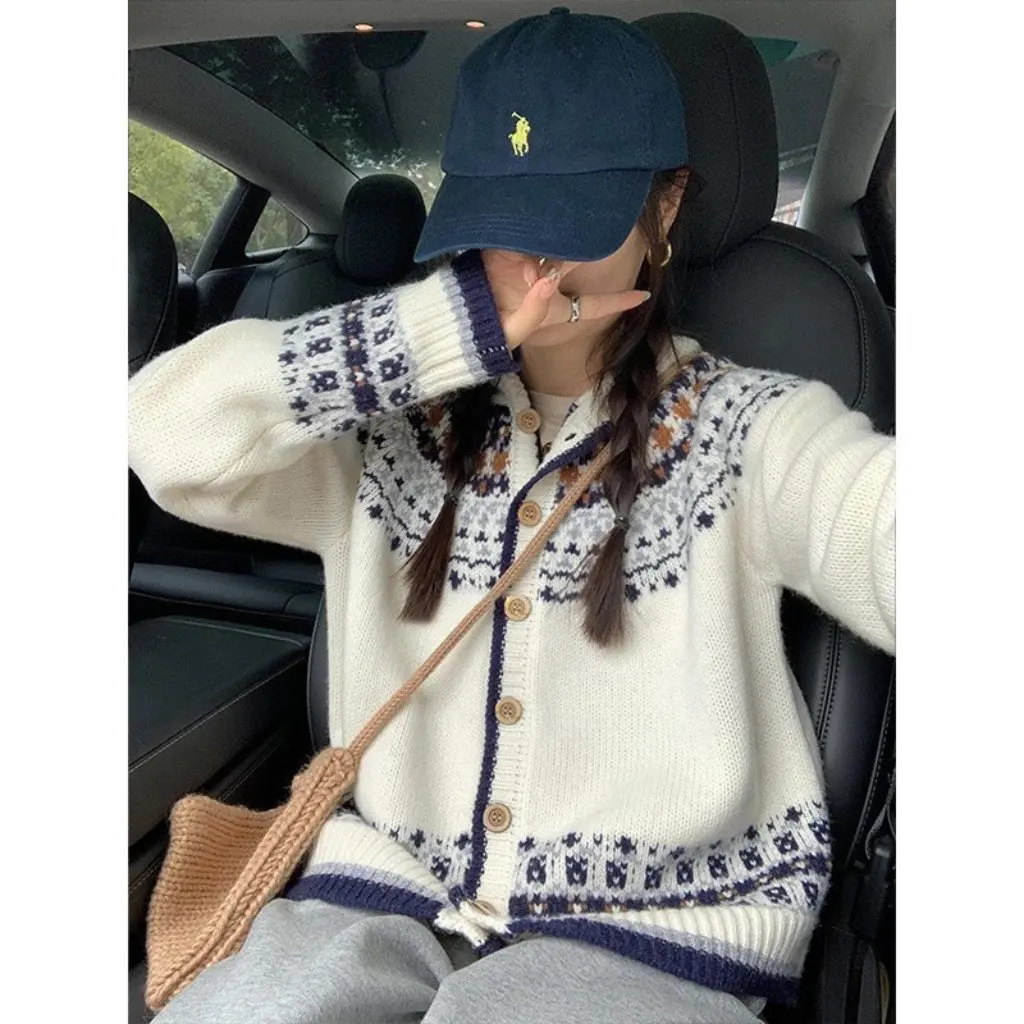 

Kaning женский ретро жаккардовый вязаный кардиган Fair Isle, мягкий восковой молочный свитер Fufu, куртка на осень-зиму, новый стиль