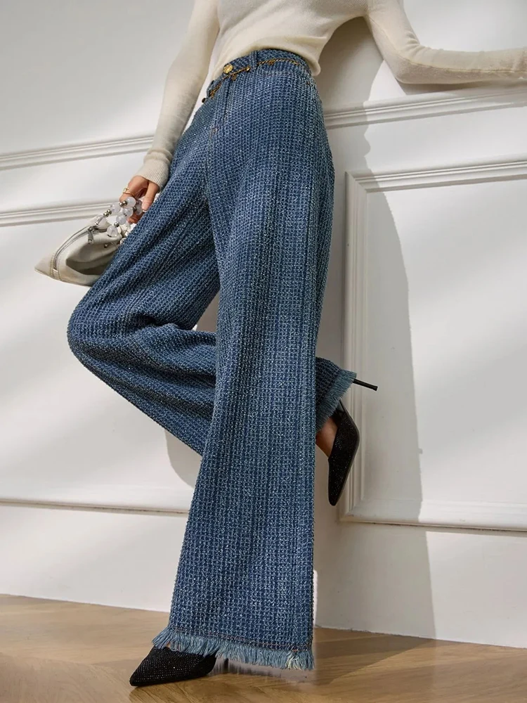 Autumn Elegant Tassel Pants Women High Waist Office Lady Vintage Wide Leg Trouser Female Loose Casual All Match Straight Pants