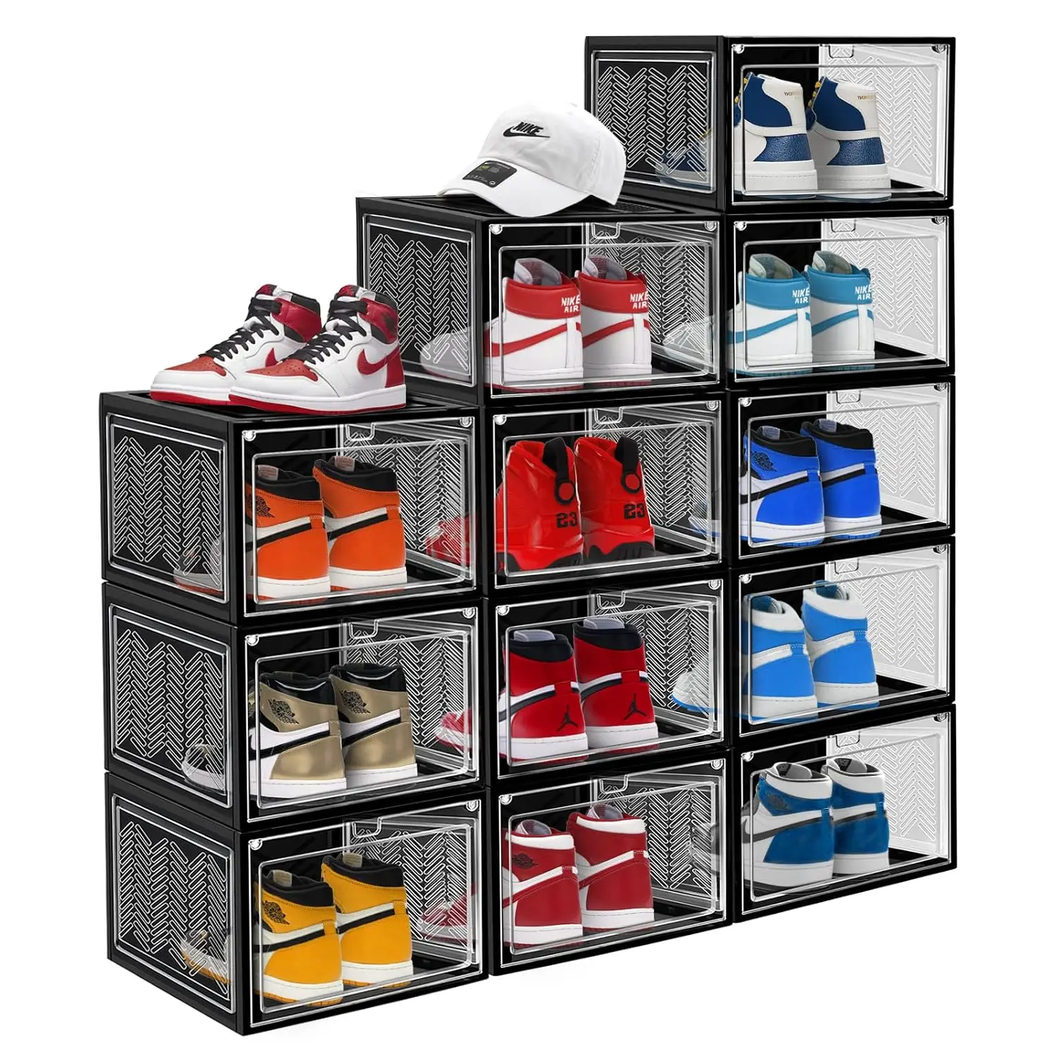 Shoe Storage Boxes Clear Stackable Large Hard Plastic Drop Front Closet Organizer 12 Pack, Customized