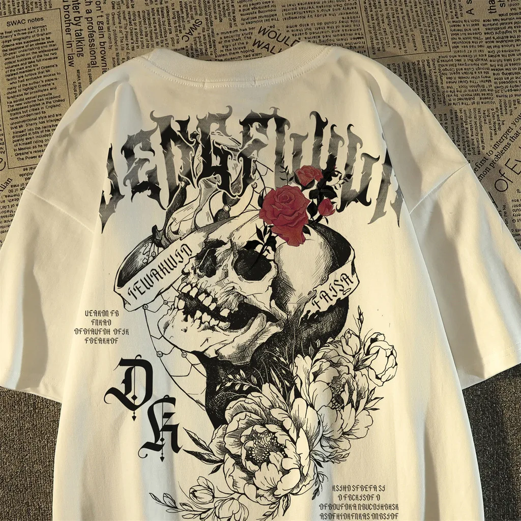 Men's Oversized Skull Rose Print T Shirt Gothic Streetwear Short Sleeve Casual Graphic Tee for Summer