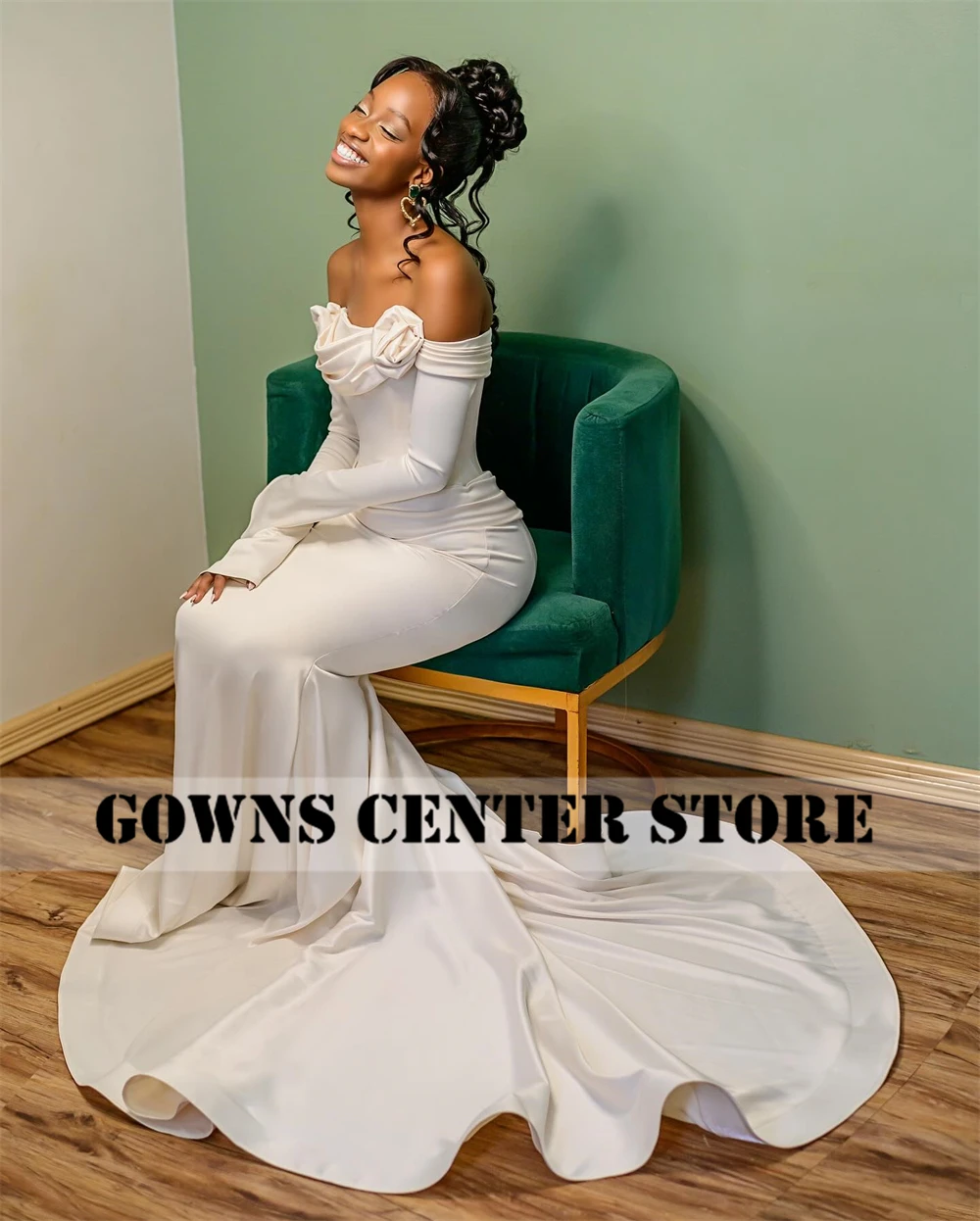 Grazioso abito da sposa a sirena Aso Ebi per spose 2025 maniche a tre quarti con spalle scoperte increspato fidanzamento africano personalizzato