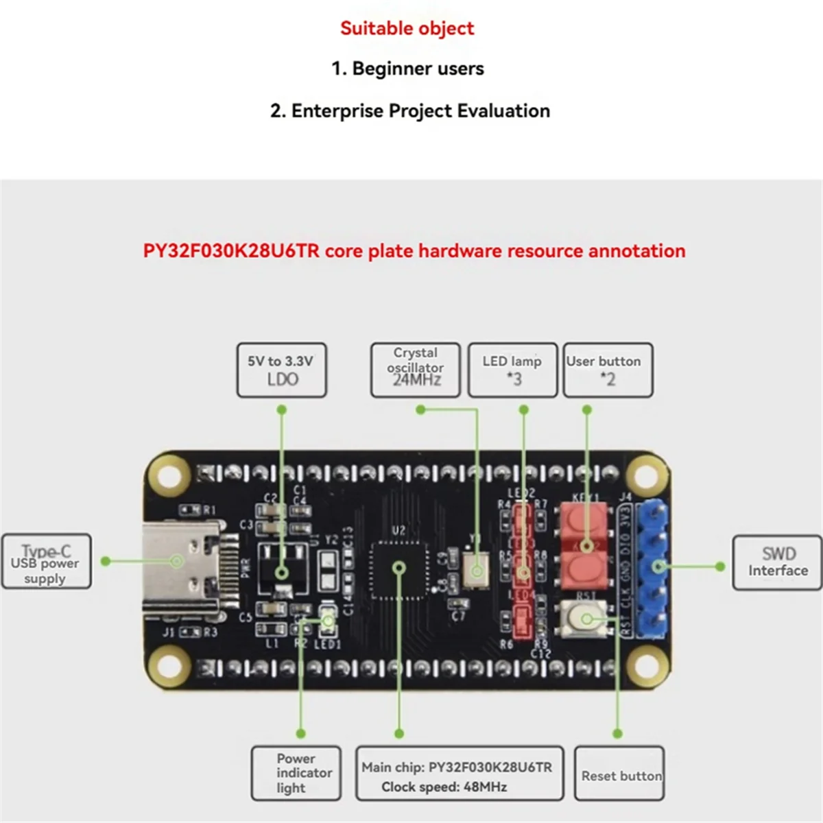 PY32F030 PY32F030K28U6TR Chip 48Mhz 32-Bit ARM Microcontroller MCU Core Development Board Module 64KB Flash Memory-A50M