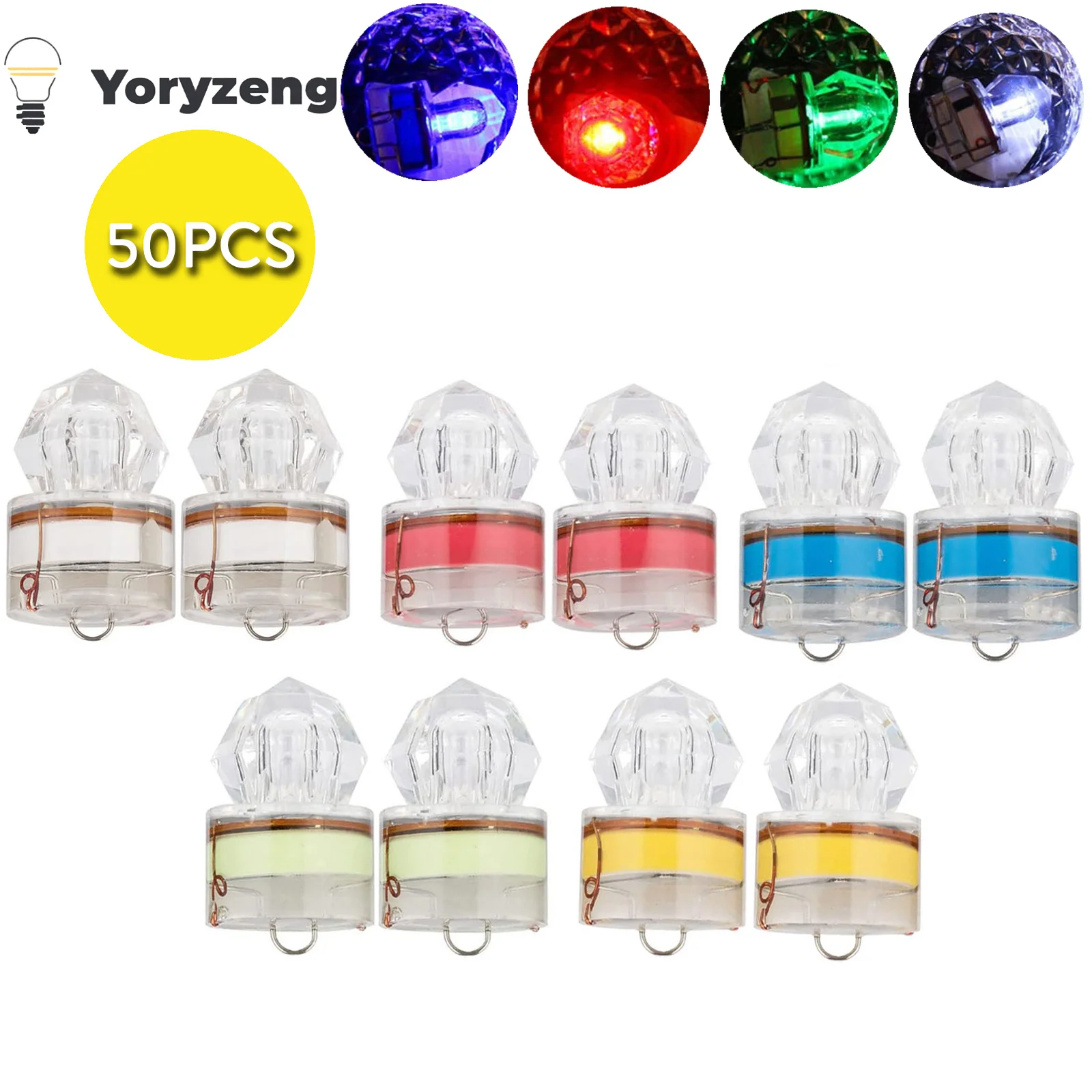 

50PCS Multicolor Waterproof LED ABS Fishing Bait Light Squid Deep Drop Underwater Fish Lure Lamp Lights White Green Red Blue RGB