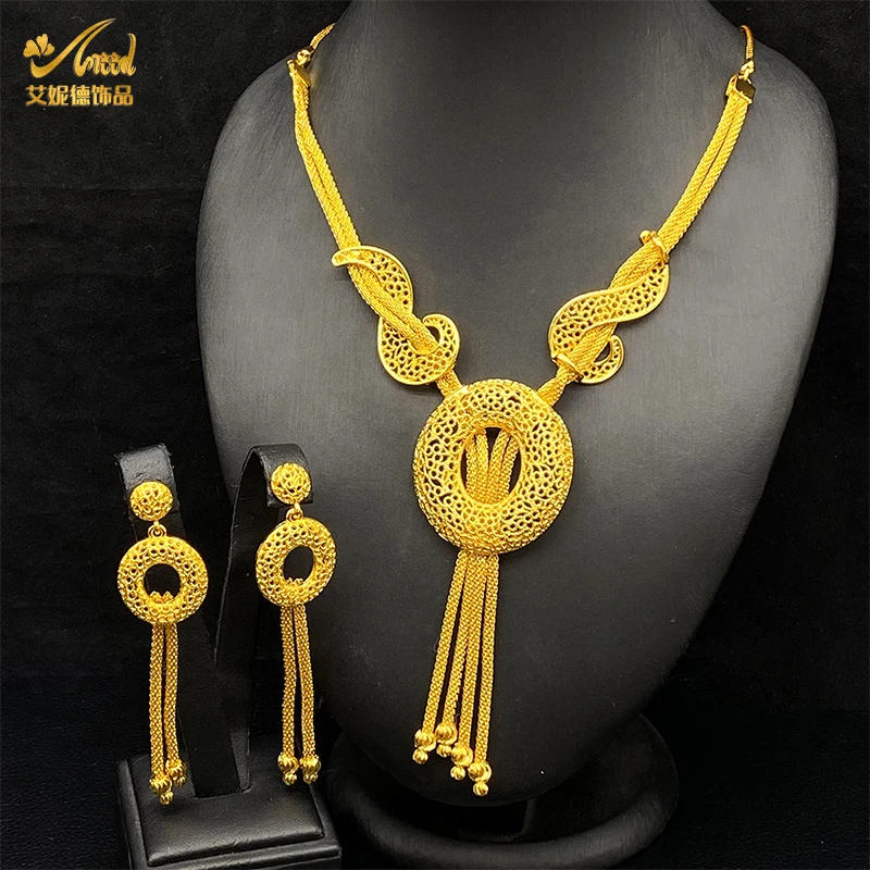 ANIID Luxury African Pendant Necklace Earrings Set With Tassel for Women Arabic Banquet 24K Gold Color Jewelry Sets Party Gifts