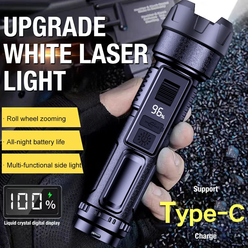 

Strong light digital flashlight with roller zoom and burst flash LED light, outdoor portable dual light source side light, work