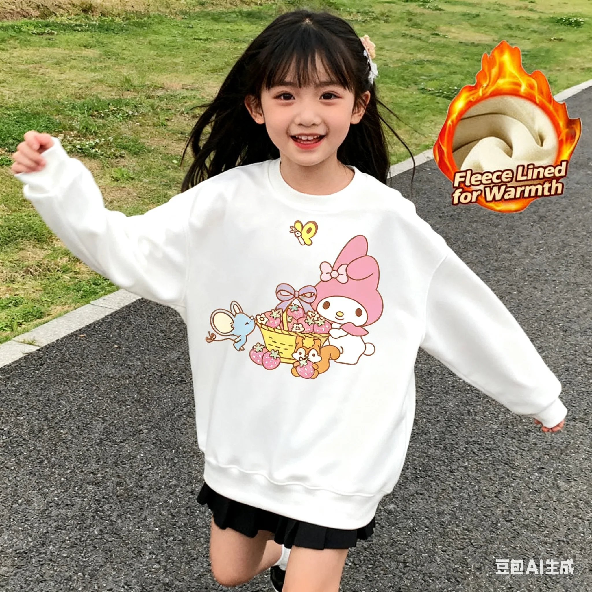 Bedrucktes Langarm-Oberteil der Sanrio-Serie mit Rundhalsausschnitt, süßes und warmes, mit Fleece gefüttertes Langarm-T-Shirt mit Rundhalsausschnitt, 100 % Baumwolle