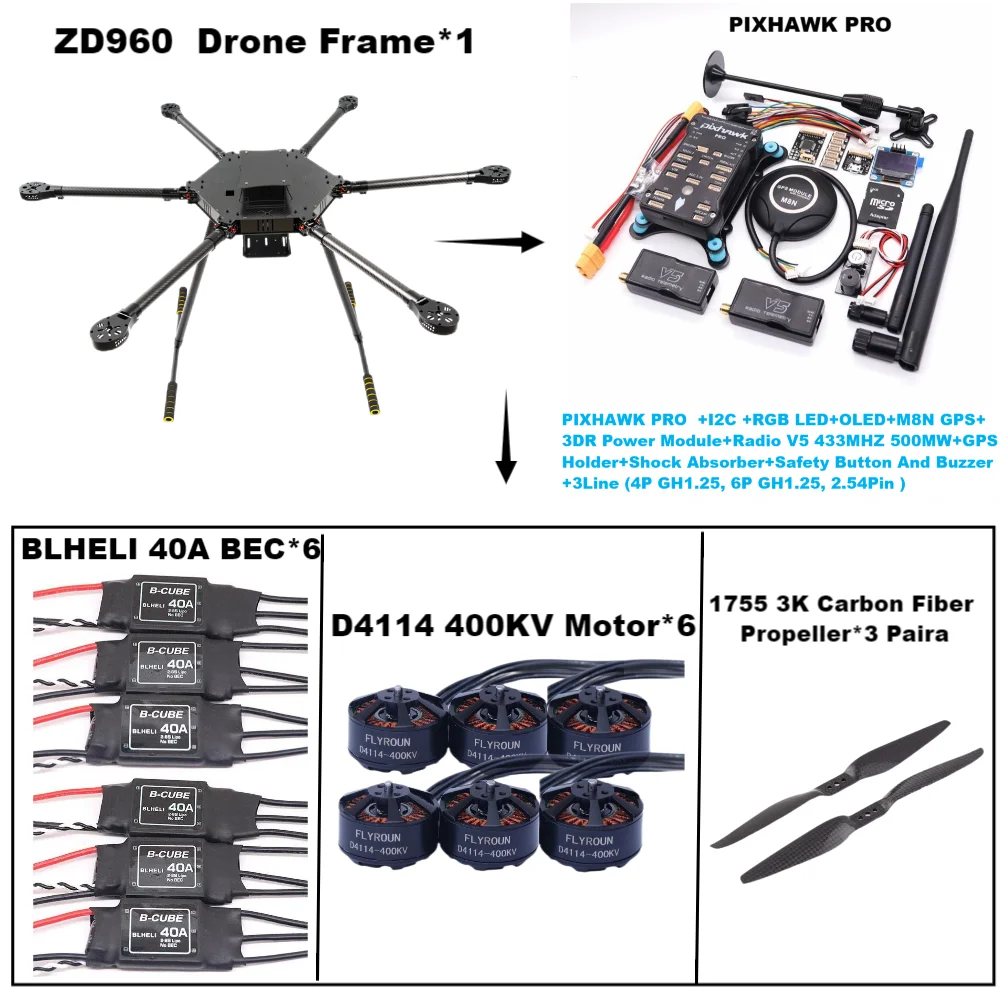 

ZD960 PIXHAWK PRO M8N Full Carbon Fiber Hexa-Rotor Frame BLHELI 40A ESC Flight Comtrol Rado Telemetry Set